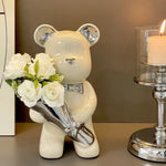 statuette ours blanc résine brillante moderne élégant bouquet fleurs decoration maison salon