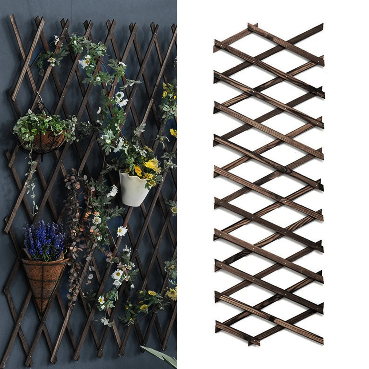 treillis bois rétractable marron foncé structure géométrique moderne fixation pliant verticalintérieur decoration plantes support