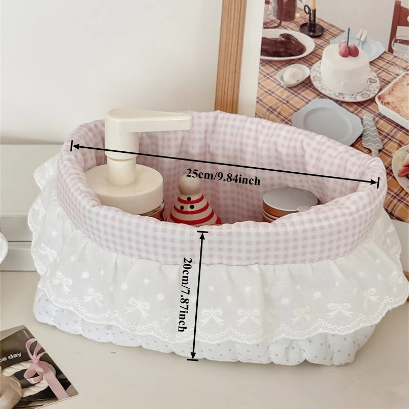 panier rangement pliable vichy rose clair bordure dentelle vintage romantique organisateur cosmétiques