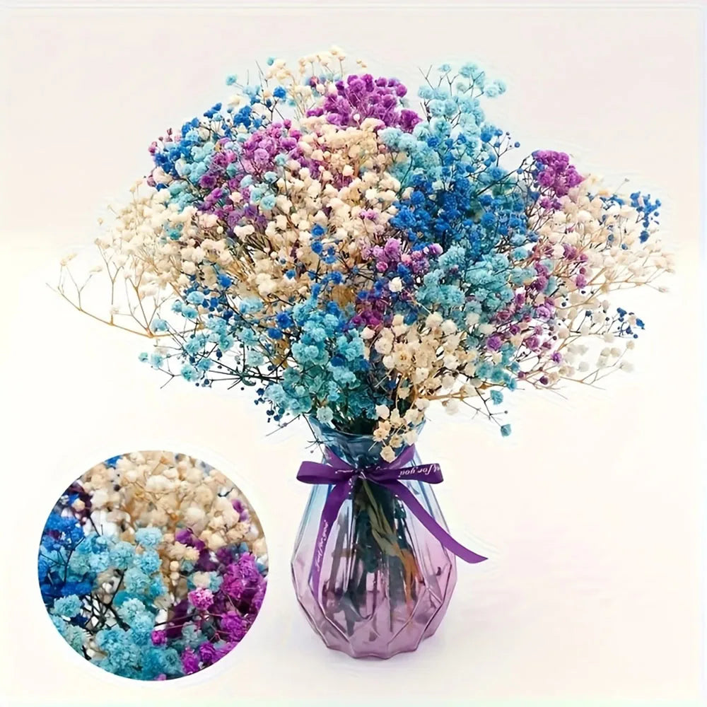 bouquet fleurs séchées violet bleu blanc rose vert vase transparent minimaliste decoration maison