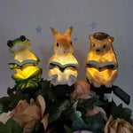 lampe solaire décorative animaux résine lapin hérisson livre tringle métallique extérieur ambre verte marron