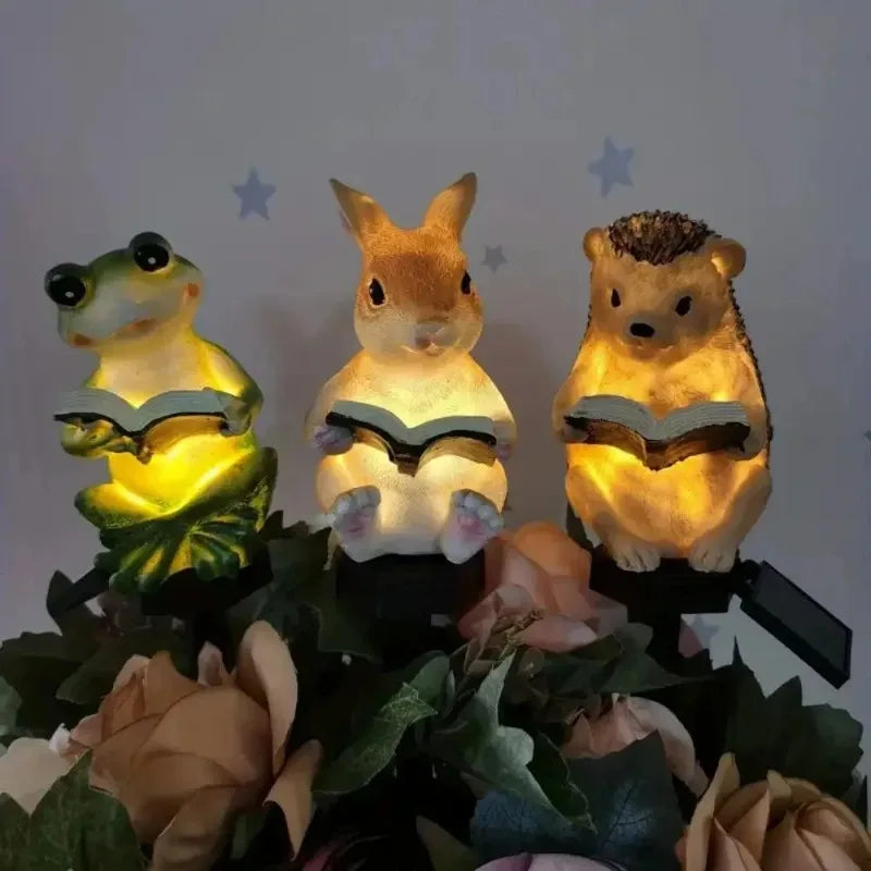lampe solaire décorative animaux résine lapin hérisson livre tringle métallique extérieur ambre verte marron