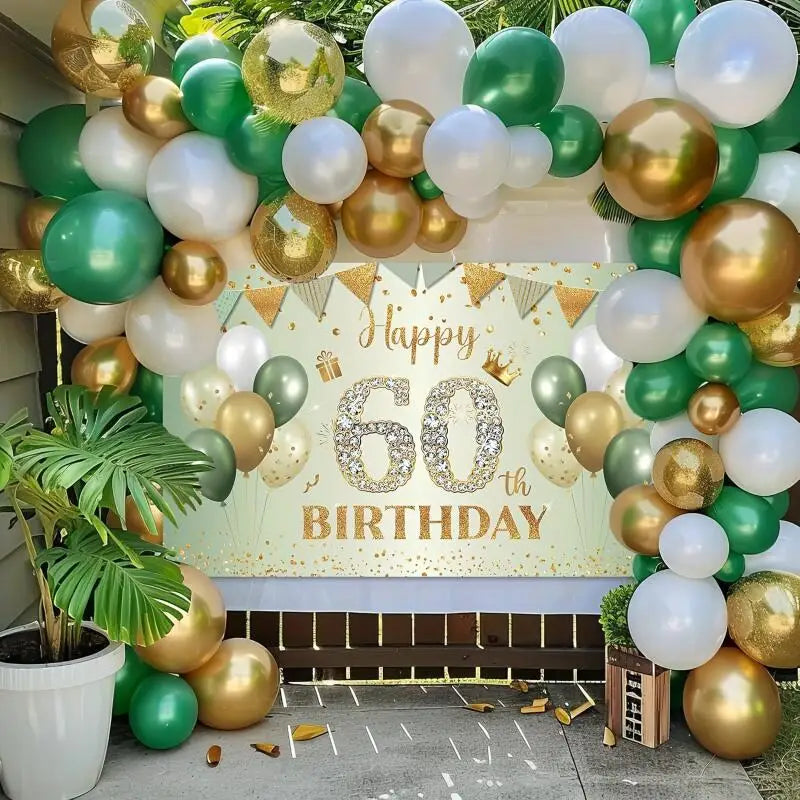 fond fête anniversaire vert doré imprimé brillant ballons confettis couronnes cadeaux corde fixation 125x80cm