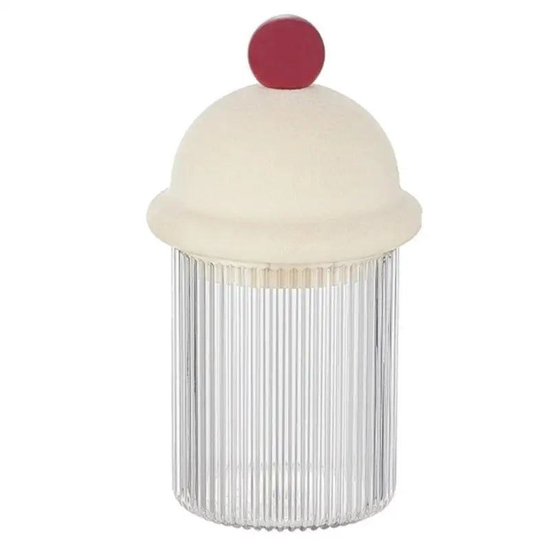 organisateur récipients verre rayures flocking transparent couvercle opaque décoratif ludique blanc crème rouge