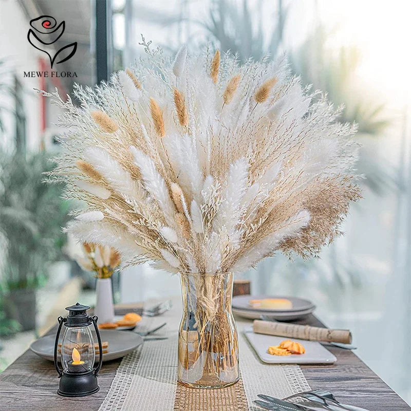 bouquet pampas blanc beige doré naturel romantique vase décoration maison anniversaire