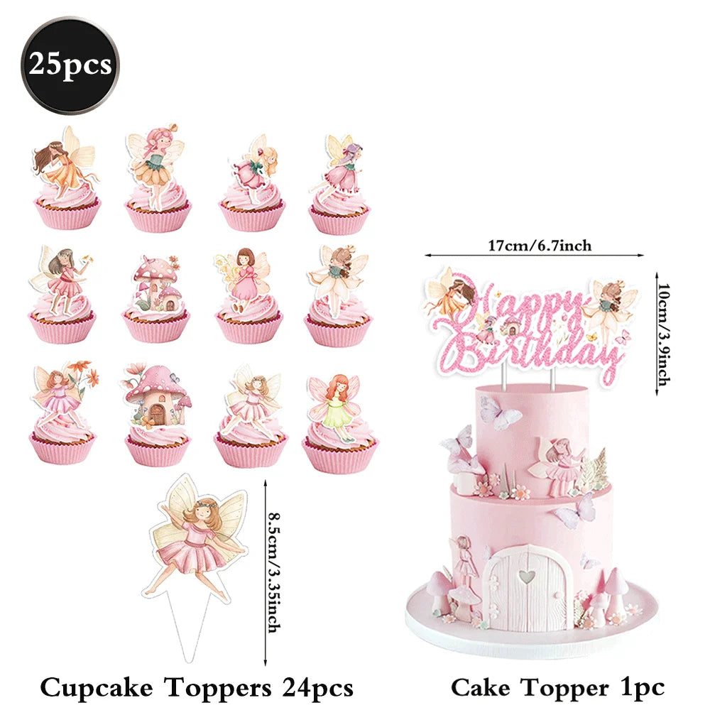 décoration fête anniversaire fées fleurs paillettes cake topper cupcakes spirales or rose