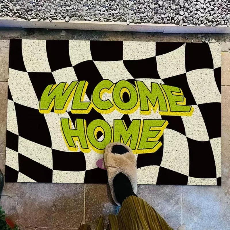 tapis d'entrée moderne carreaux noir blanc bienvenue vert lucky roseextérieur résistant