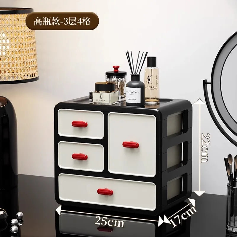 boîte maquillage moderne boîtes rangement noires blanches rouges poignées motifs géométriques