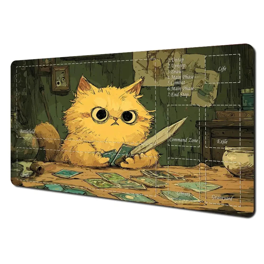 tapis jeu illustration chat cartes texturé zones jeu vert beige bleu clair art détaillé