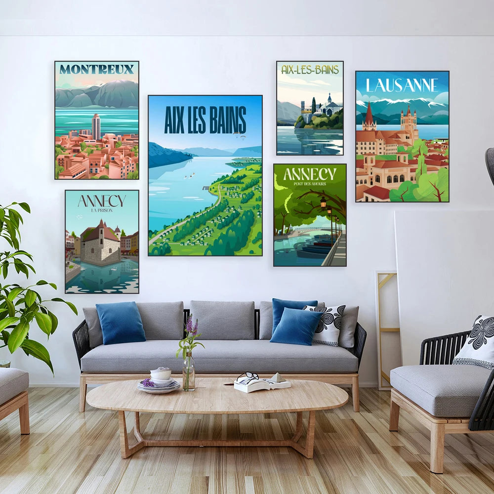 L'image montre une série d'affiches de voyage représentant différentes villes suisses comme Montreux, Aix-les-Bains, Annecy et Lausanne, avec des illustrations colorées et des paysages pittoresques.