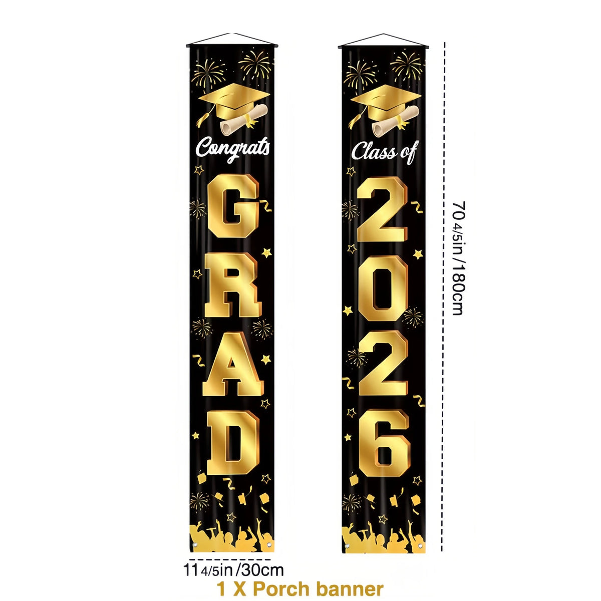 bannières graduation noir doré étoiles confettis caps moderne festives 2026 congratulations proud