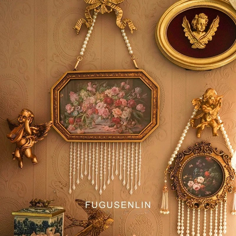 Cadre mural doré fleurs personnages classique or beige blanc decoration maison retro baroque chaine