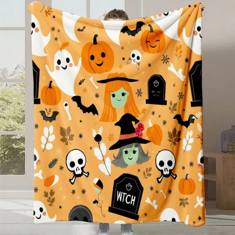 L'image représente un motif coloré et ludique typique de l'Halloween, avec des citrouilles souriantes, des fantômes, des chauves-souris et d'autres symboles d'Halloween sur un fond jaune.