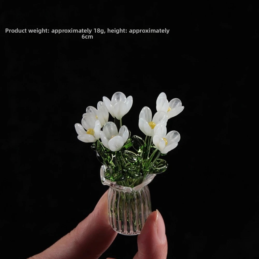 bouquet artificiel violet jaune vert blanc bleu orange feuilles vertes miniature vase transparent six