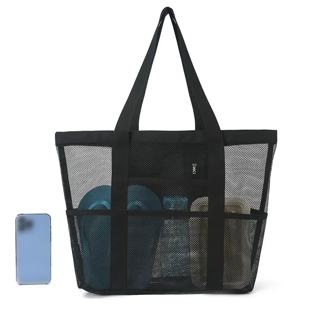 Sac plage violet noir bleu clair vert rose maille respirante réutilisable moderne poignées