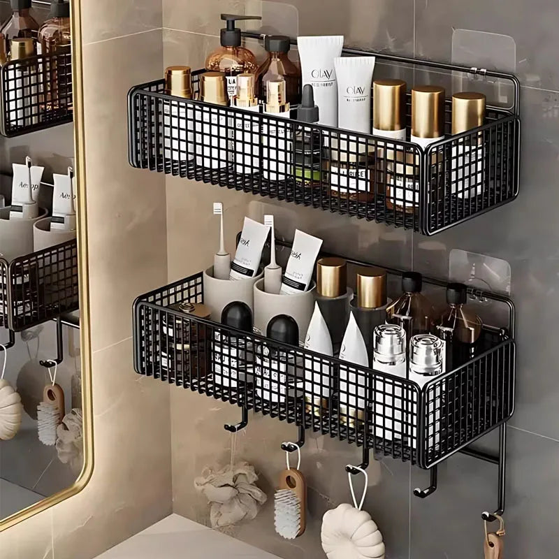 paniers rangement noir maille métallique moderne sans percer salle bain cuisine