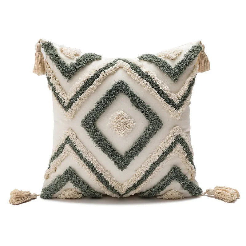 coussin décoratif boho chic blanc bleu marron beige doré motifs géométriques pompons coton