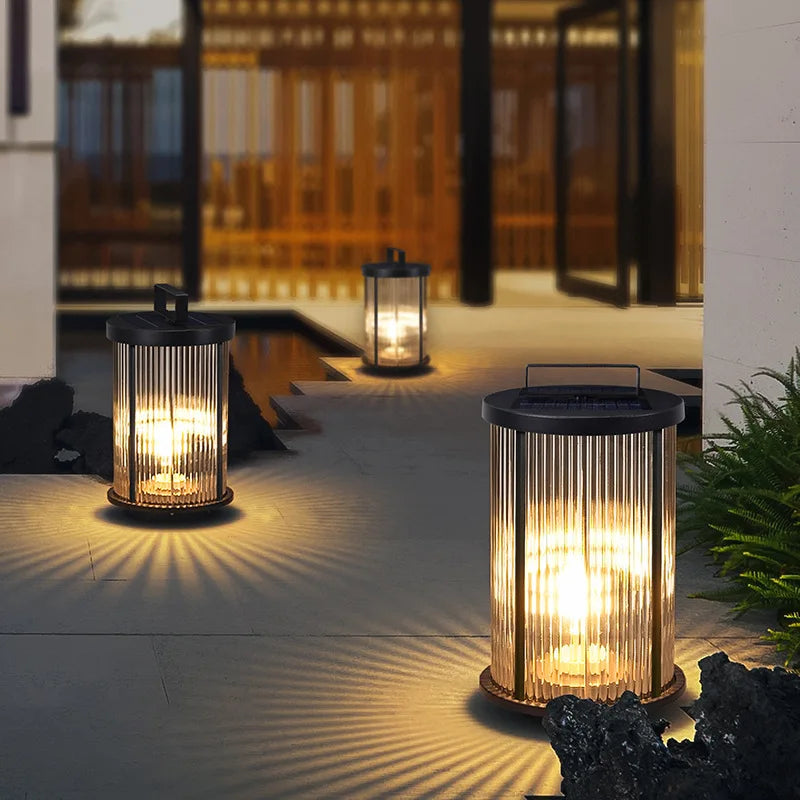 lanterne moderne noire rayures dorées extérieure ip65 led waterproof jardin
