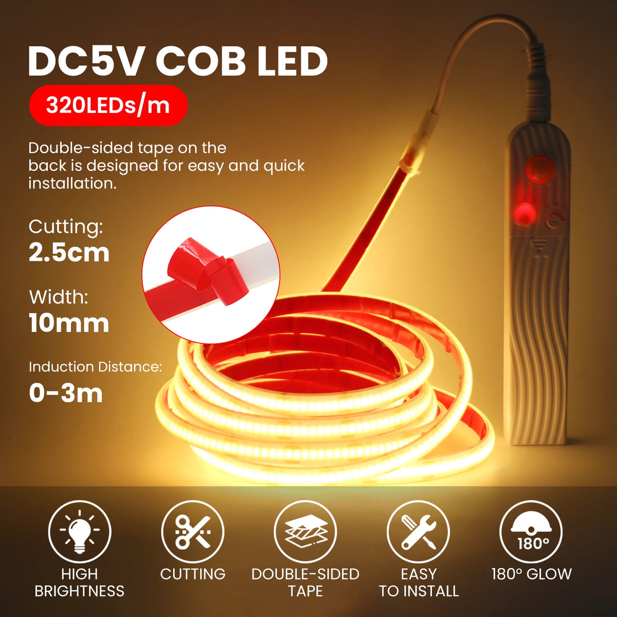 ruban led cob blanc naturel chaude capteur mouvement ip68 étanche chambre moderne