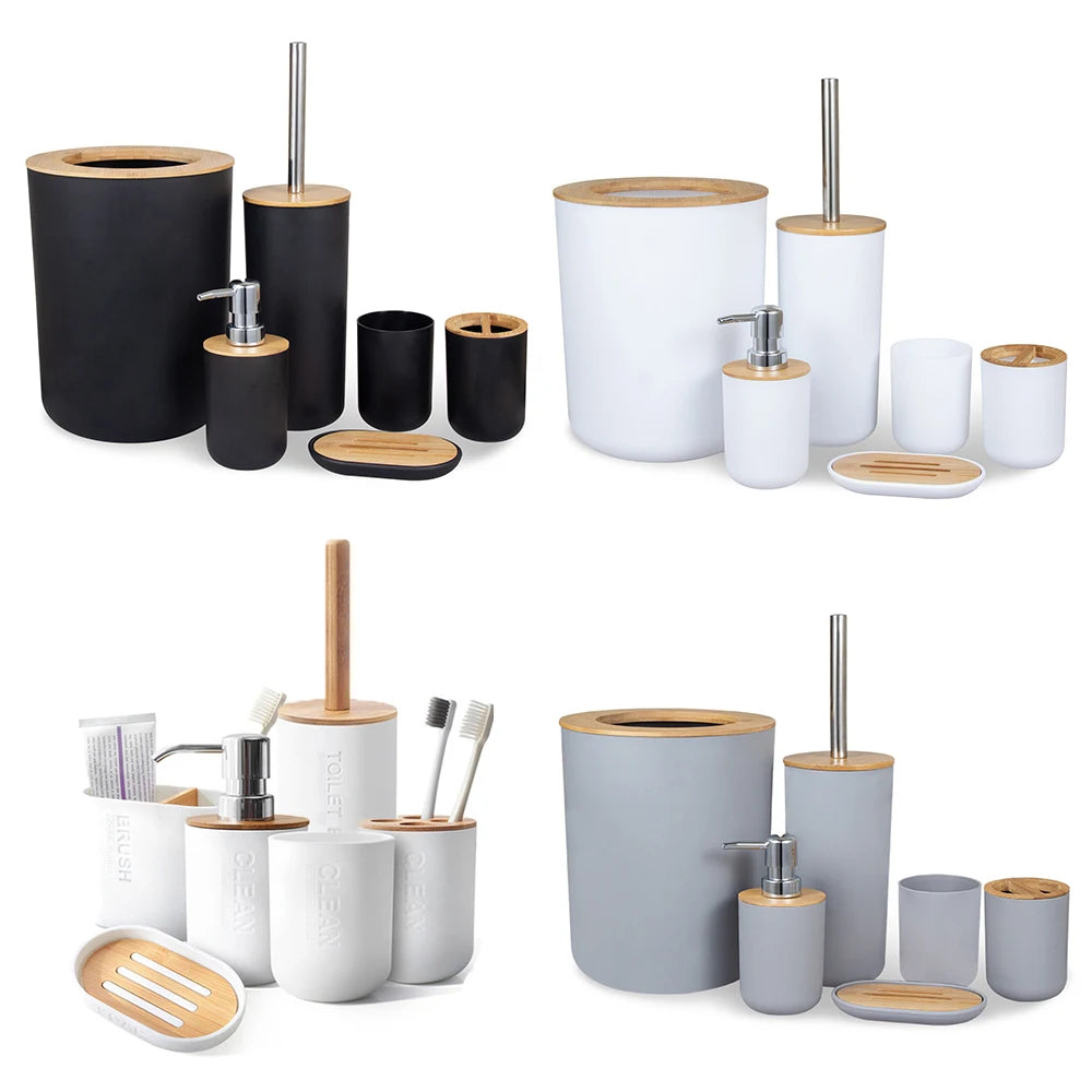 ensemble salle bain bambou distributeur savon porte brosse dents porte savon tasse noir