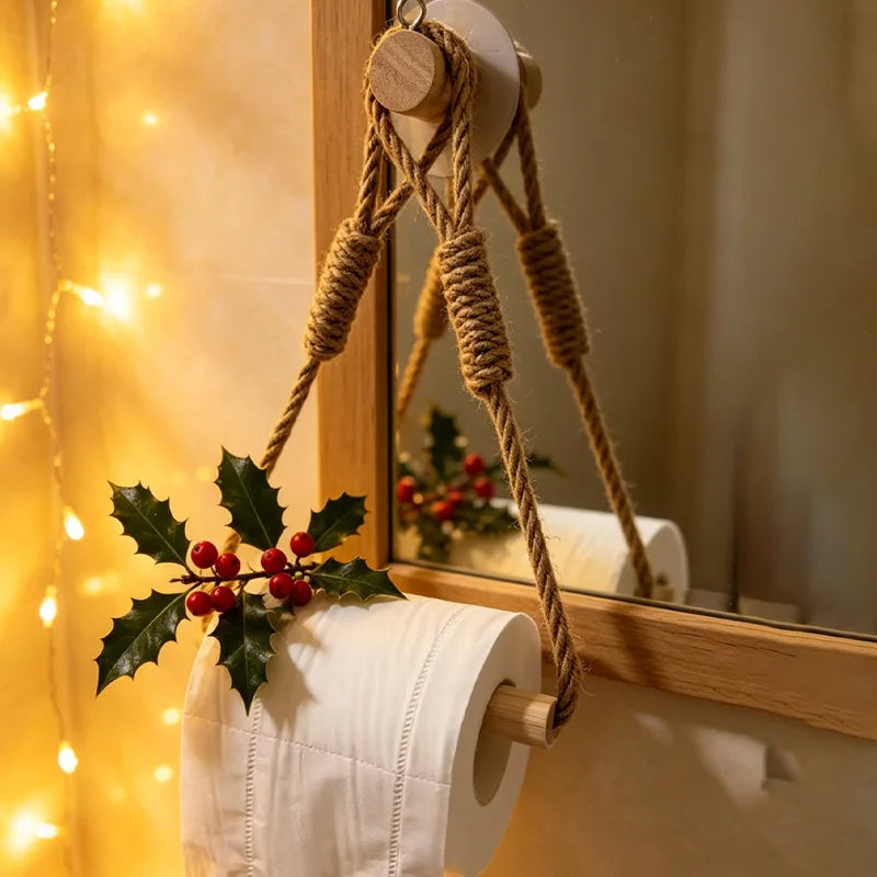 porte rouleau papier toilette bois tressé rustique adhésif décoration feuilles baies rouges diffuseur huiles