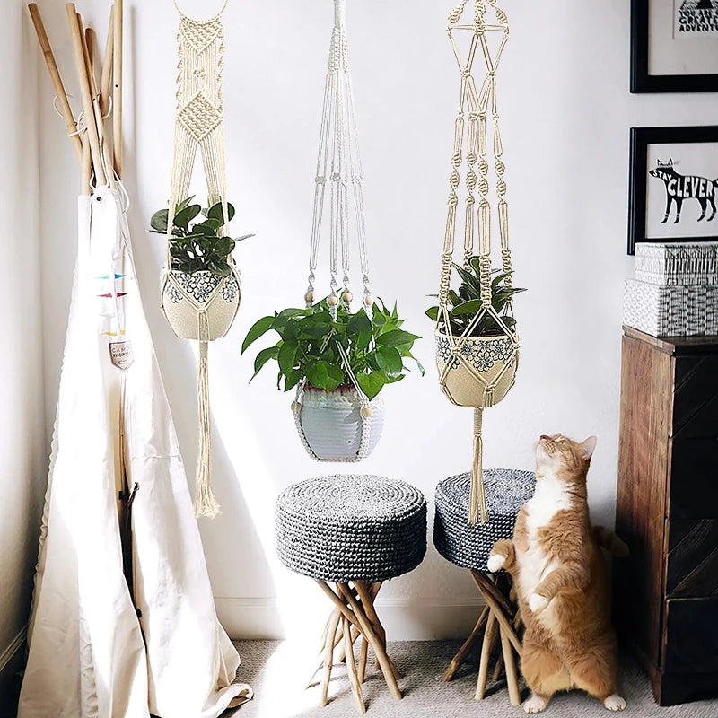 support plante suspendu macramé blanc boho artisanal anneau métallique pot plante