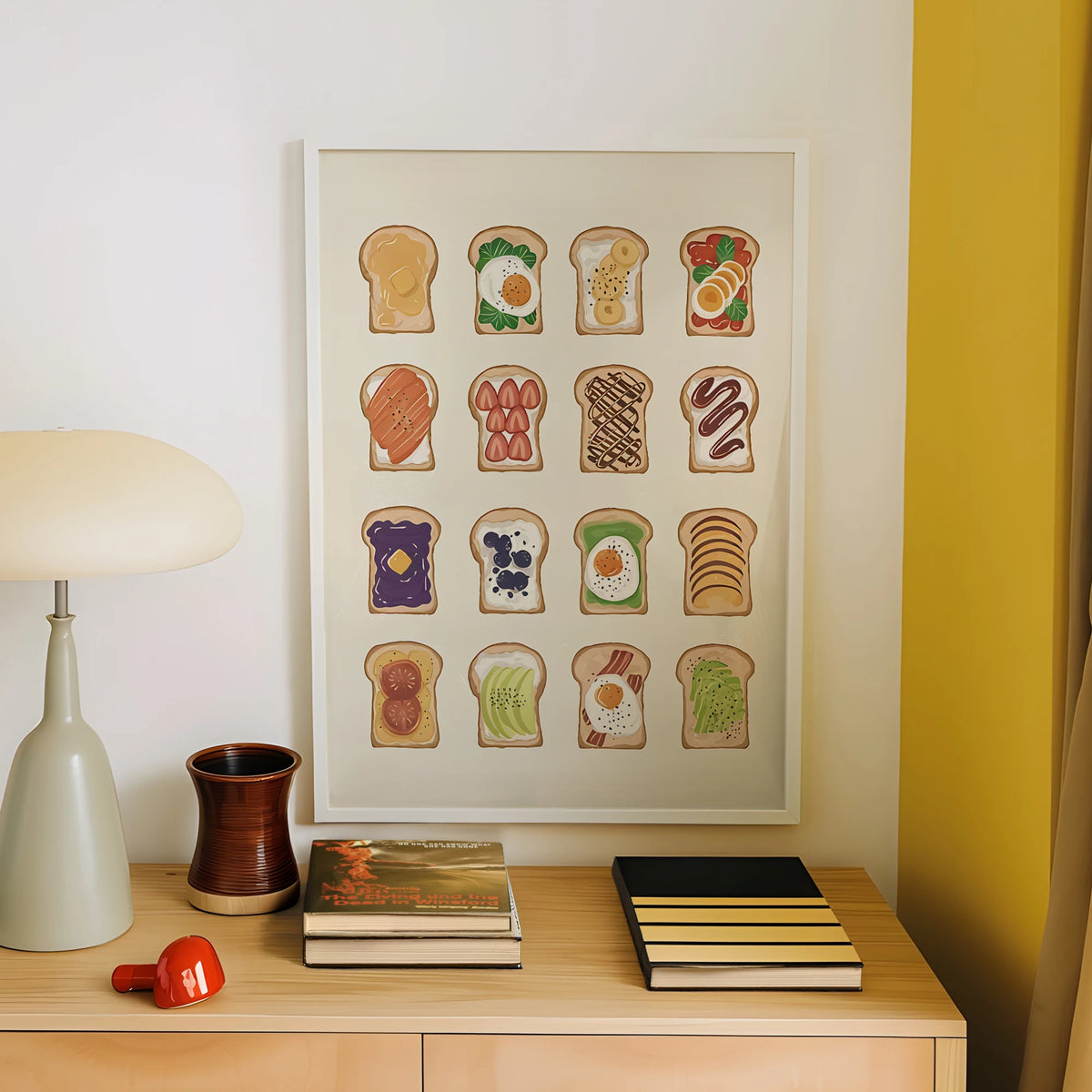 affiche moderne illustrations pain garnitures beige marron vert bleu orange blanc cadre épais salon
