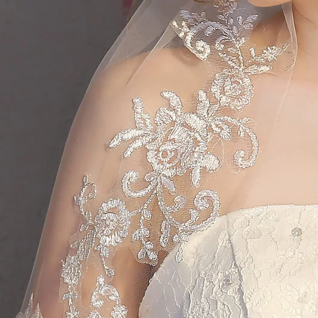 voile mariée dentelle florale deux couches transparent robe élégante romantique bord appliqué tulle doux
