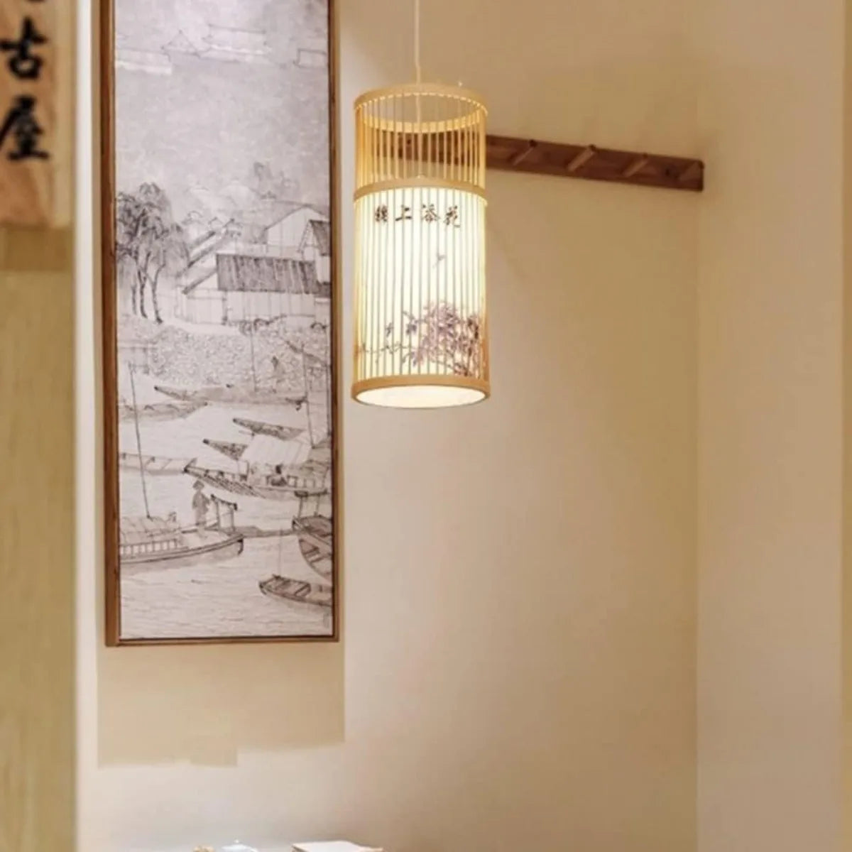 suspension lumineuse bambou rayures horizontales moderne oriental marron clair beige