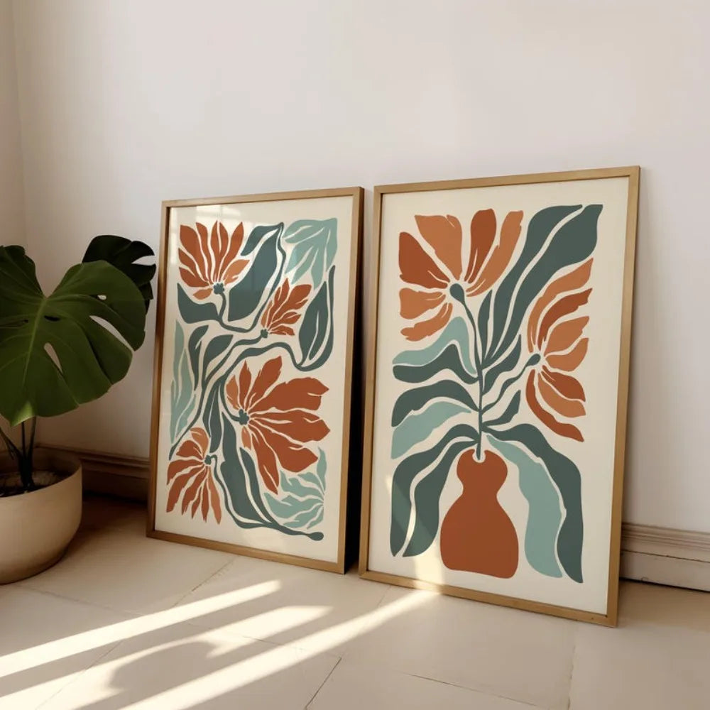 tableau abstrait floral moderne orange vert beige blanc sans cadre toile