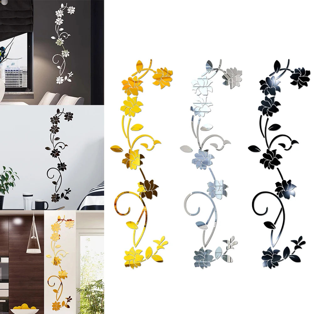 sticker mural 3d fleurs or argent noir moderne adhésif chambre bain déco acrylique