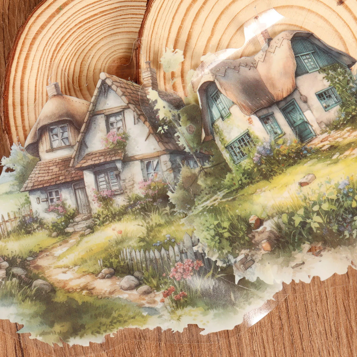 autocollants muraux paysage rural aquarelle maison arbres fleurs ruisseau decorations intérieur opaque multicolore
