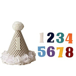 chapeau anniversaire enfant rayures pompon chiffres decoratif festif adhésif blanc marron bleu orange