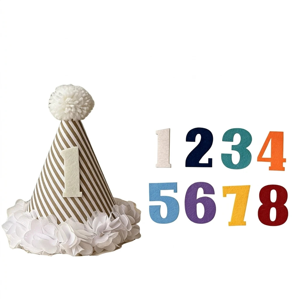 chapeau anniversaire enfant rayures pompon chiffres decoratif festif adhésif blanc marron bleu orange