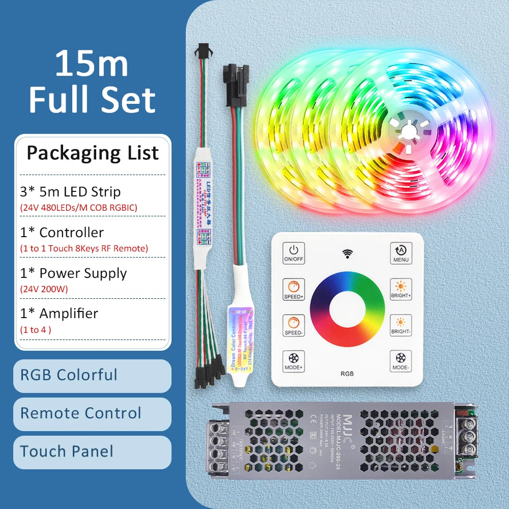 ruban led cob rgbic 24v multicolore 480 diodes 50000h moderne adhésif télécommande
