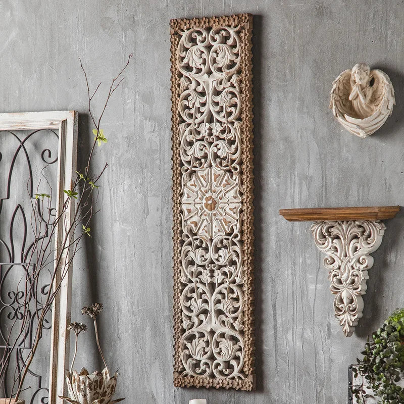 décoration murale vintage shabby chic motif floral bois fond gris blanc marron