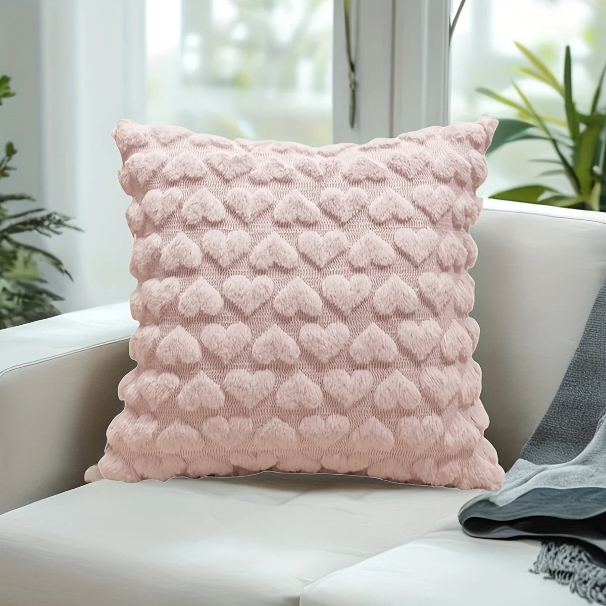 housse coussin carré motif cœurs blanc rose moderne polyester 45cm 45cm fixations