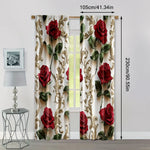 rideau classique roses rouges feuilles vertes motifs dorés polyester blanc rouge vert opaques