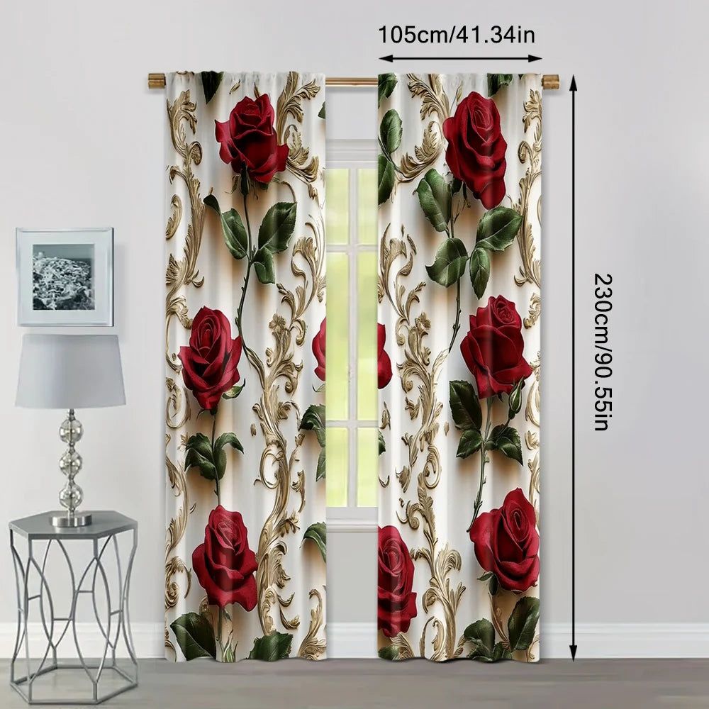 rideau classique roses rouges feuilles vertes motifs dorés polyester blanc rouge vert opaques