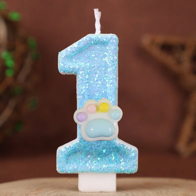 bougies forme chiffre pailletées bleu pâle blanc décoratives anniversaire enfants numérotées