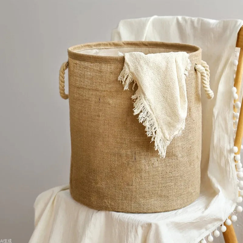 panier toile jute pliable imperméable poignées rustique beige blanc(franges)
