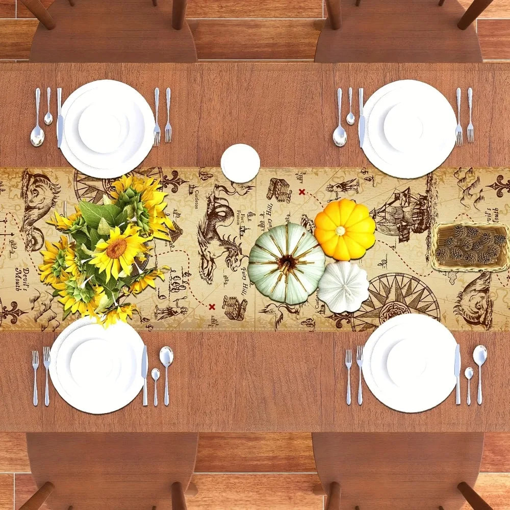 nappe décorative pirate motifs cartes trésor fleurs tournesol citrouilles automnale rustique