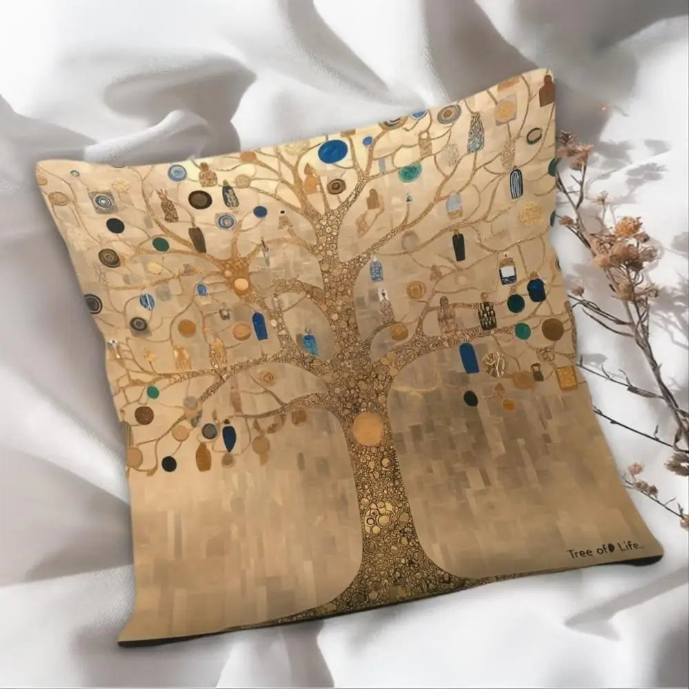 housse coussin imprimé arbre doré art nouveau bohème or beige bleu opacité polyester coton