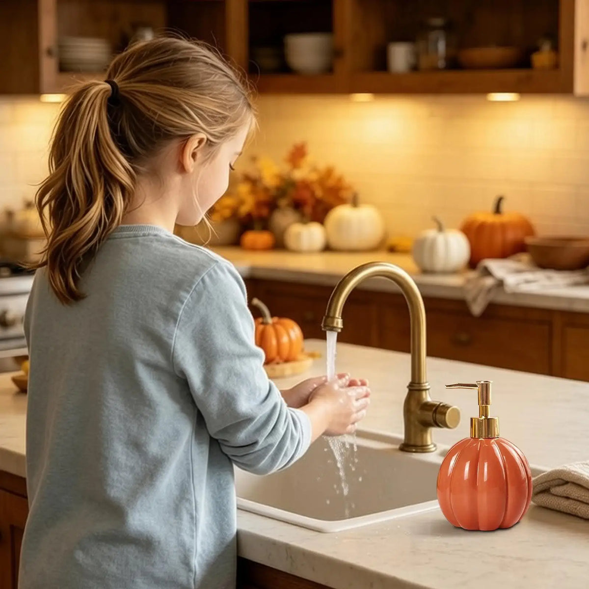 distributeur savon liquide citrouille orange moderne rechargeable pompe dorée