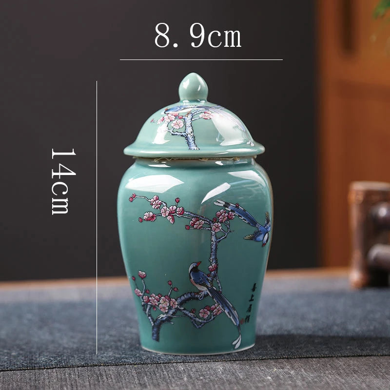 pot thé céramique artisanal fleurs oiseaux peintes main vert clair traditionnel couvercleDecorationMaisonVaseFleurs