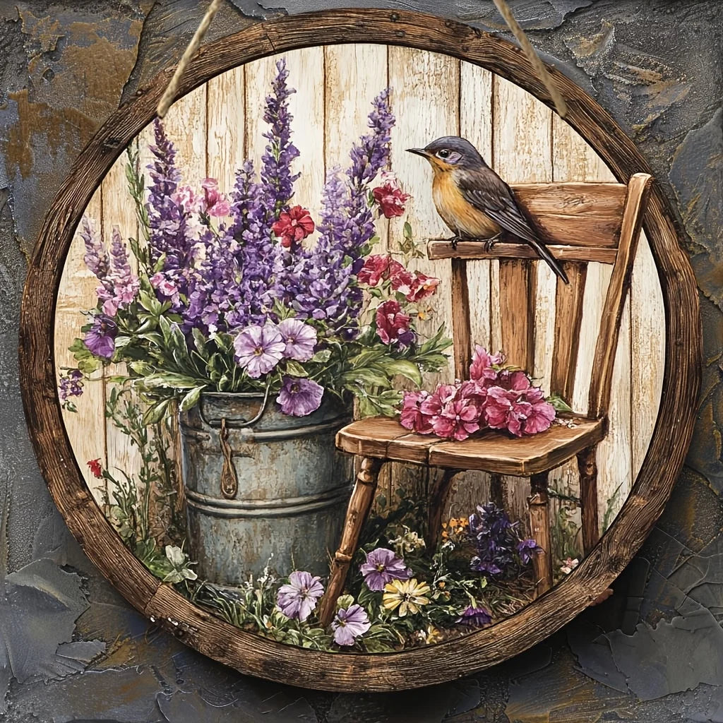 tableau mural rustique fleurs oiseaux chaise bois couleur naturelle classique décoration intérieure salon