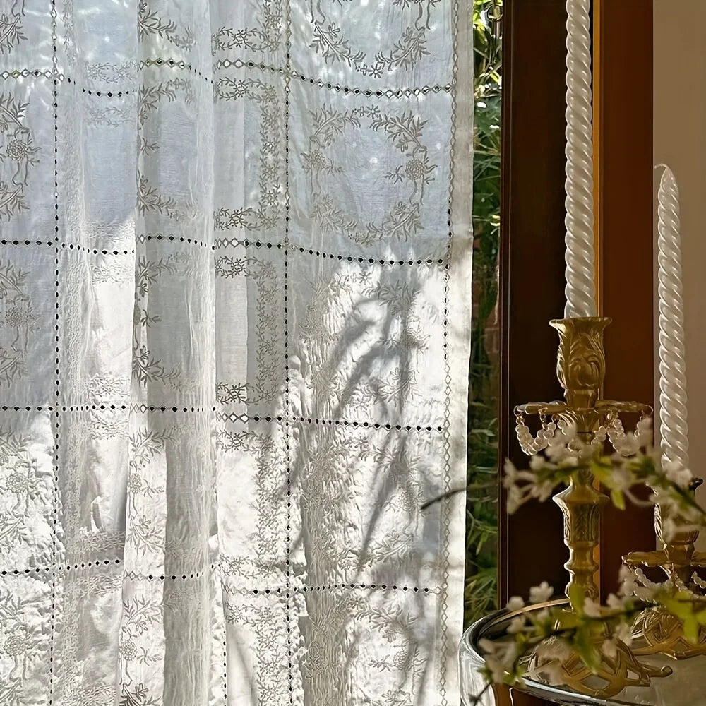 rideau floral transparent brodé polyester classique maison vintage blanc beige