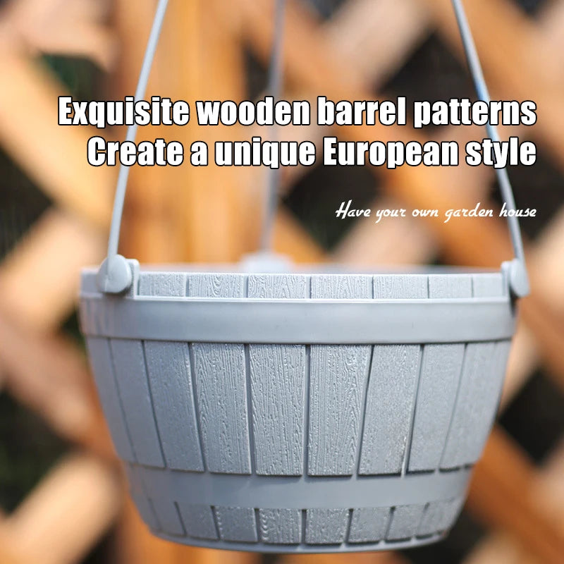 Pots suspendus fleurs plastique pp rayures bois gris marron moderne rustique okolets métalliques