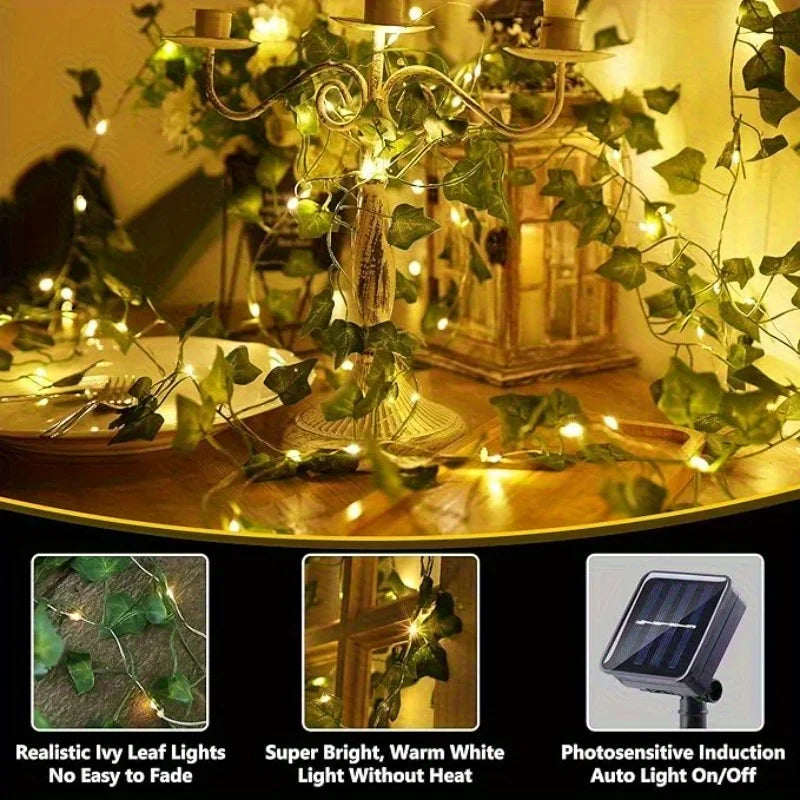 guirlande lumineuse solaire 100 led feuilles vertes lierre moderne clips autoinstallation jardin decoration