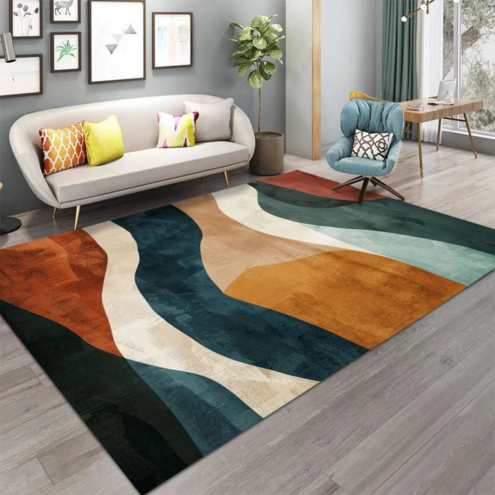 tapis moderne salon chambre motif géométrique abstrait décoratif intérieur maison vert beige marron bleu